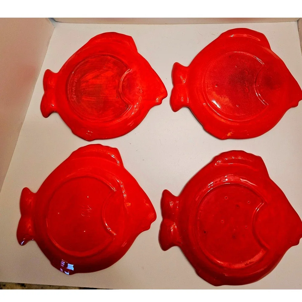 Vintage Holland Mold Red Ceramic Fish Plates S/4 MCM Nautical Signed‎ Pickle